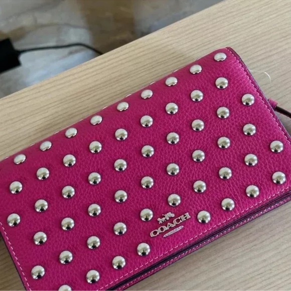 Coach CM851 Anna Foldover Clutch Crossbody Rivets Cerise Pebble Leather - Picture 7 of 10